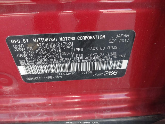 Продаж на аукціоні авто 2018 Mitsubishi Outlander Es, vin: JA4AD2A30JZ032838, номер лоту: 45733376