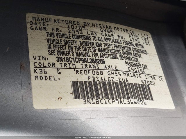 45733377 :رقم المزاد ، 3N1BC1CP9AL366206 vin ، 2010 Nissan Versa 1.8sl مزاد بيع