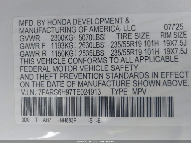 7FARS6H97TE024913 Honda Cr-v Hybrid Awd Sport Touring