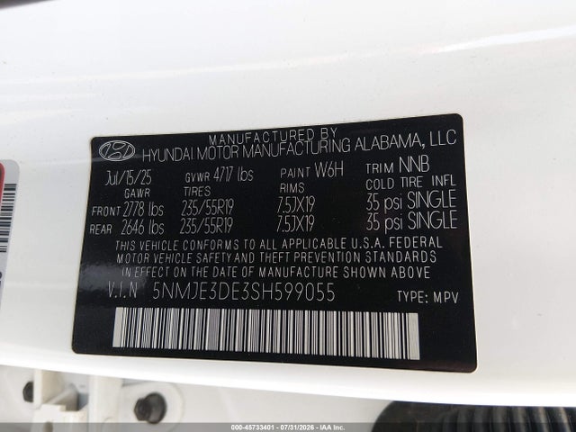 Продаж на аукціоні авто 2025 Hyundai Tucson Limited, vin: 5NMJE3DE3SH599055, номер лоту: 45733401