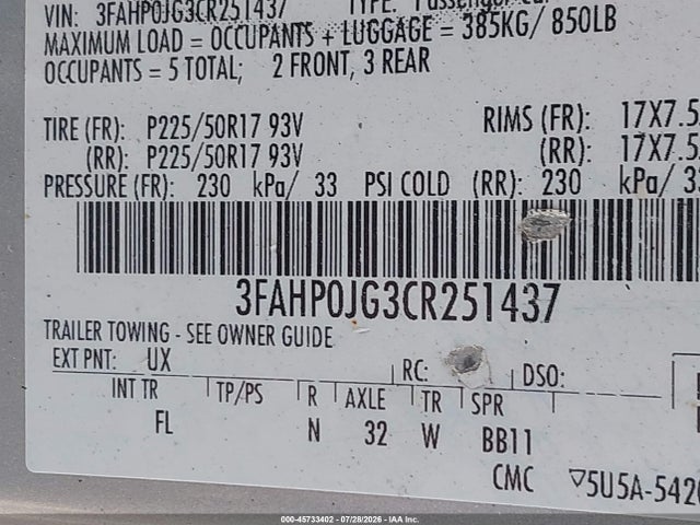 2012 Ford Fusion Sel მანქანა იყიდება აუქციონზე, vin: 3FAHP0JG3CR251437, აუქციონის ნომერი: 45733402