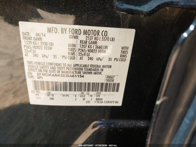 2014 Ford Edge Sport მანქანა იყიდება აუქციონზე, vin: 2FMDK4AK5EBA61154, აუქციონის ნომერი: 45733407