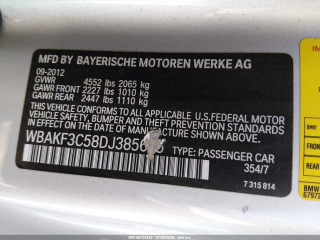 Aukcja sprzedaży 2013 Bmw 328i Xdrive, vin: WBAKF3C58DJ385675, numer aukcji: 45733423
