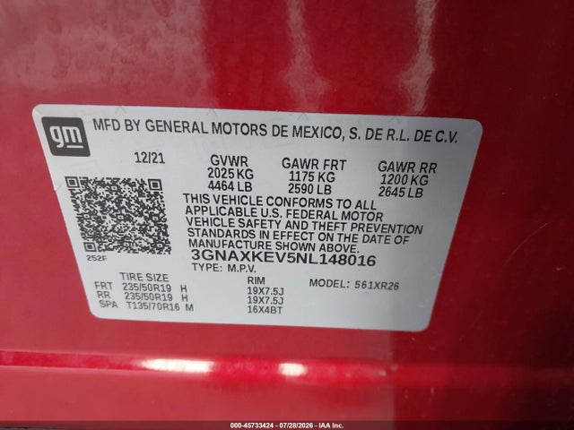 Aukcja sprzedaży 2022 Chevrolet Equinox Fwd Lt, vin: 3GNAXKEV5NL148016, numer aukcji: 45733424