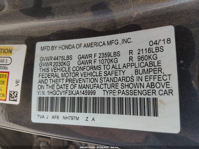 45733429 :رقم المزاد ، 1HGCV1F3XJA145999 vin ، 2018 Honda Accord Sport مزاد بيع