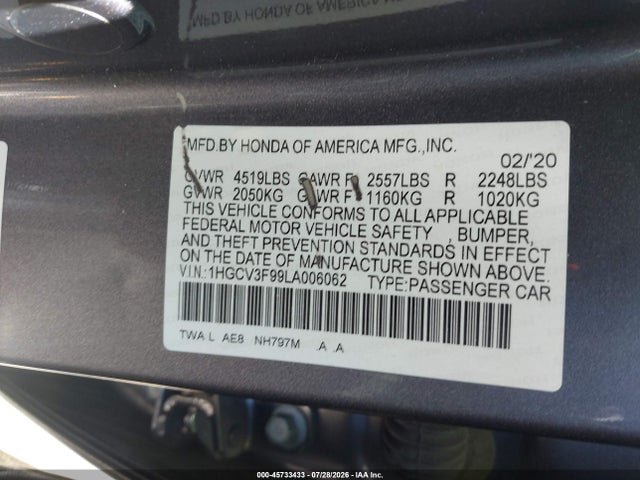 1HGCV3F99LA006062 Honda Accord Hybrid Touring