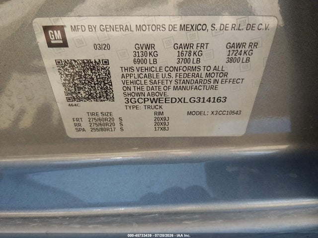 Продажа на аукционе авто 2020 Chevrolet Silverado C1500 Ltz, vin: 3GCPWEEDXLG314163, номер лота: 45733439