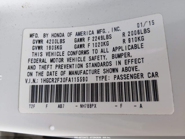 Продажа на аукционе авто 2015 Honda Accord Lx, vin: 1HGCR2F30FA115590, номер лота: 45733472
