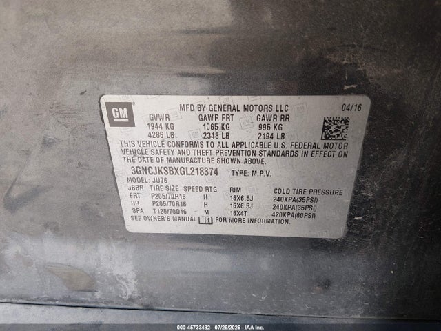 Продаж на аукціоні авто 2016 Chevrolet Trax Ls, vin: 3GNCJKSBXGL218374, номер лоту: 45733482