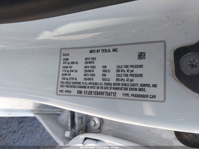 Продаж на аукціоні авто 2024 Tesla Model 3 Long Range Dual Motor All-wheel Drive, vin: 5YJ3E1EB4RF754712, номер лоту: 45733485