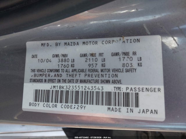 Aukcja sprzedaży 2005 Mazda Mazda3 S, vin: JM1BK323551243543, numer aukcji: 45733492