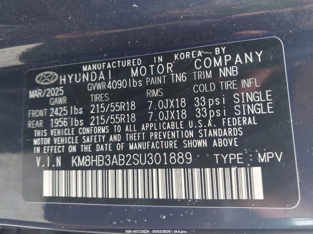 45733526 :رقم المزاد ، KM8HB3AB2SU301889 vin ، 2025 Hyundai Kona Sel مزاد بيع