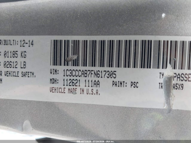 2015 Chrysler 200 Limited მანქანა იყიდება აუქციონზე, vin: 1C3CCCAB7FN617305, აუქციონის ნომერი: 45733529