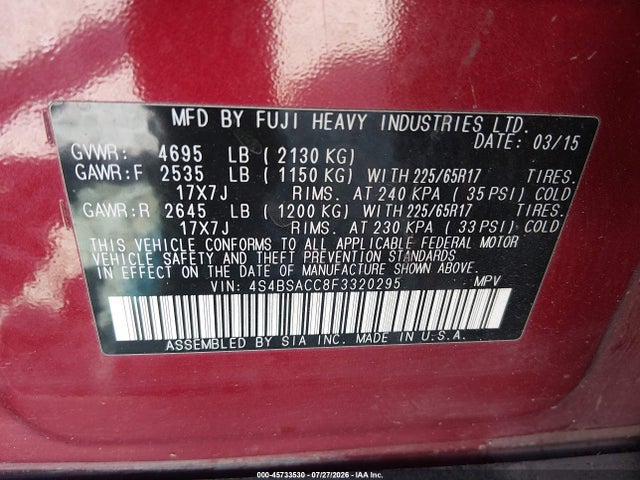 45733530 :رقم المزاد ، 4S4BSACC8F3320295 vin ، 2015 Subaru Outback 2.5i Premium مزاد بيع