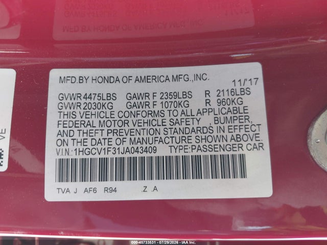 45733531 :رقم المزاد ، 1HGCV1F31JA043409 vin ، 2018 Honda Accord Sport مزاد بيع