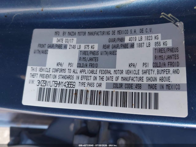 45733540 :رقم المزاد ، 3MZBN1U76HM143659 vin ، 2017 Mazda Mazda3 Sport مزاد بيع