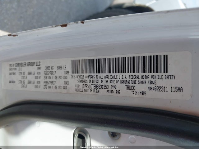 2011 Ram Ram 1500 Slt მანქანა იყიდება აუქციონზე, vin: 1D7RV1CT6BS631353, აუქციონის ნომერი: 45733549