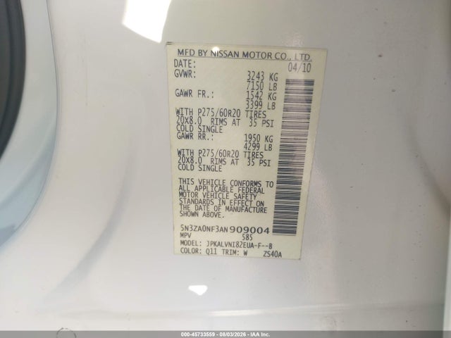 45733559 :رقم المزاد ، 5N3ZA0NF3AN909004 vin ، 2010 Infiniti Qx56 مزاد بيع