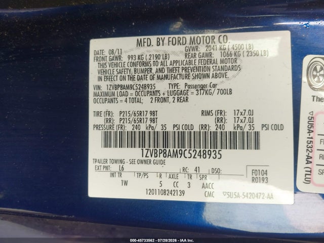 Aukcja sprzedaży 2012 Ford Mustang V6, vin: 1ZVBP8AM9C5248935, numer aukcji: 45733562