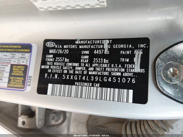 Aukcja sprzedaży 2020 Kia Optima Se, vin: 5XXGT4L39LG451076, numer aukcji: 45733565