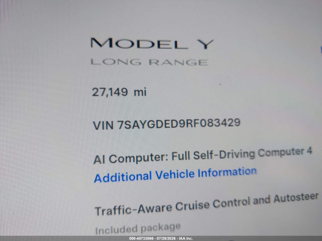 7SAYGDED9RF083429 Tesla Model Y Long Range Single Motor Rear-wheel Drive/rwd