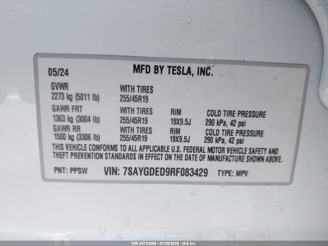 7SAYGDED9RF083429 Tesla Model Y Long Range Single Motor Rear-wheel Drive/rwd