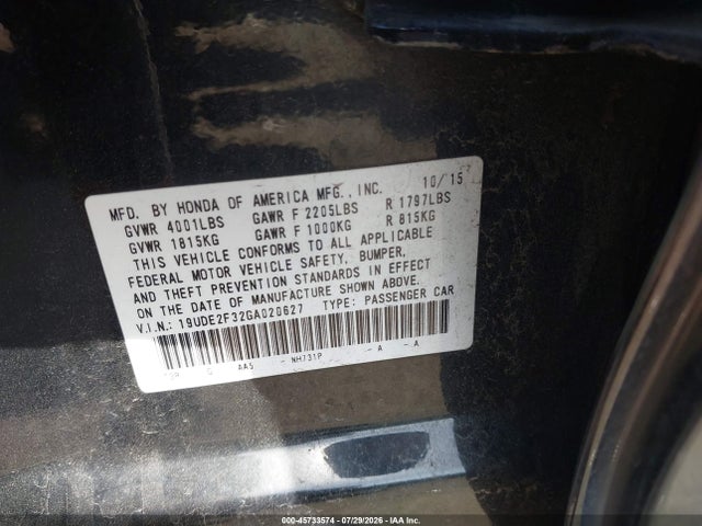 45733574 :رقم المزاد ، 19UDE2F32GA020627 vin ، 2016 Acura Ilx 2.4l/acurawatch Plus Package مزاد بيع