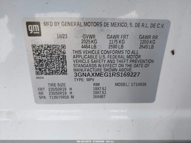 Aukcja sprzedaży 2024 Chevrolet Equinox Fwd Rs, vin: 3GNAXMEG1RS169227, numer aukcji: 45733579