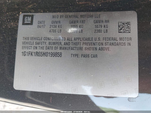 45733580 :رقم المزاد ، 1G1FK1R65H0199858 vin ، 2017 Chevrolet Camaro Zl1 مزاد بيع