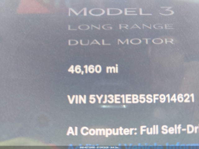 Продажа на аукционе авто 2025 Tesla Model 3 Long Range All-wheel Drive, vin: 5YJ3E1EB5SF914621, номер лота: 45733590