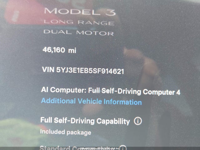 Продажа на аукционе авто 2025 Tesla Model 3 Long Range All-wheel Drive, vin: 5YJ3E1EB5SF914621, номер лота: 45733590