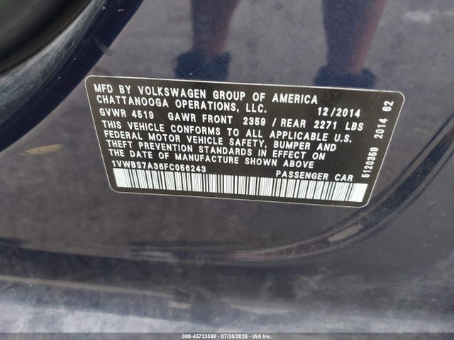 Продажа на аукционе авто 2015 Volkswagen Passat 1.8t Se, vin: 1VWBS7A36FC056243, номер лота: 45733598