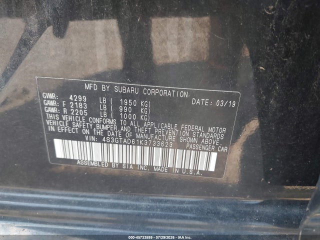 45733599 :رقم المزاد ، 4S3GTAD61K3733623 vin ، 2019 Subaru Impreza 2.0i Premium مزاد بيع