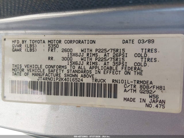 Продажа на аукционе авто 1989 Toyota Pickup 1/2 Ton Sht Wheelbase Dlx, vin: JT4RN01P2K4016524, номер лота: 45733603