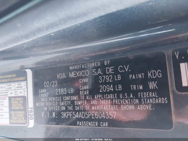 2023 Kia Forte Gt-line მანქანა იყიდება აუქციონზე, vin: 3KPF54AD5PE604357, აუქციონის ნომერი: 45733611