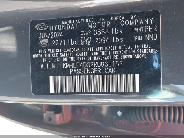 Aukcja sprzedaży 2024 Hyundai Elantra Limited, vin: KMHLP4DG2RU831153, numer aukcji: 45733623