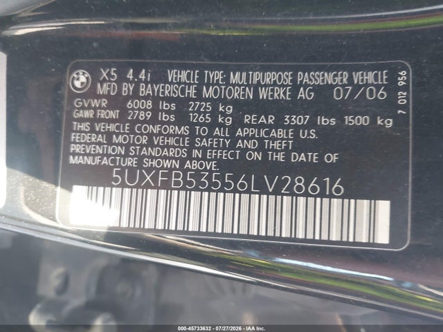 2006 Bmw X5 4.4i მანქანა იყიდება აუქციონზე, vin: 5UXFB53556LV28616, აუქციონის ნომერი: 45733632