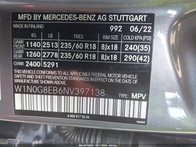 Продажа на аукционе авто 2022 Mercedes-benz Glc 300 4matic Suv, vin: W1N0G8EB6NV397138, номер лота: 45733652