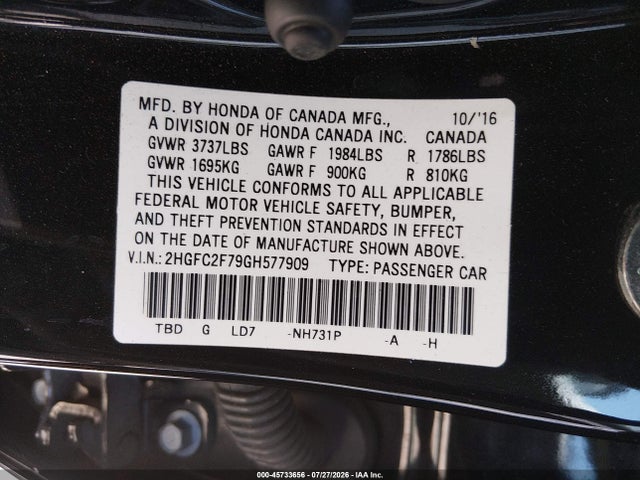 Honda CIVIC EX 2016 2HGFC2F79GH577909 Image 9