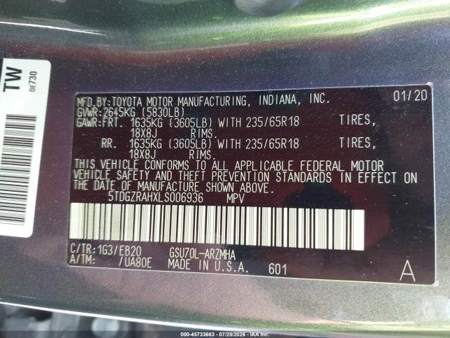Toyota Highlander Xle 2020 5TDGZRAHXLS006936 Image 9