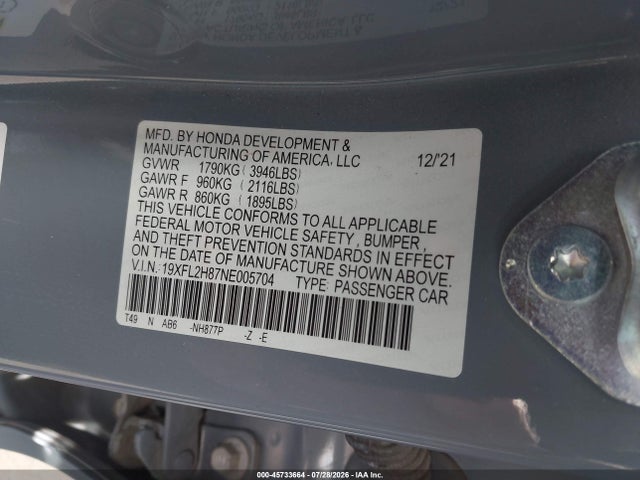 19XFL2H87NE005704 Honda Civic Sport