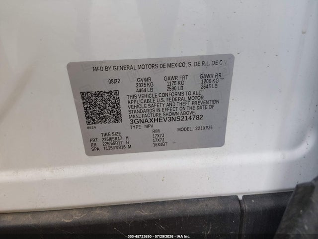 3GNAXHEV3NS214782 Chevrolet Equinox Fwd Ls