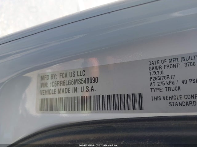 1C6RR6LG6MS540690 RAM 1500 Classic Slt 4x2 5&#039;7 Box