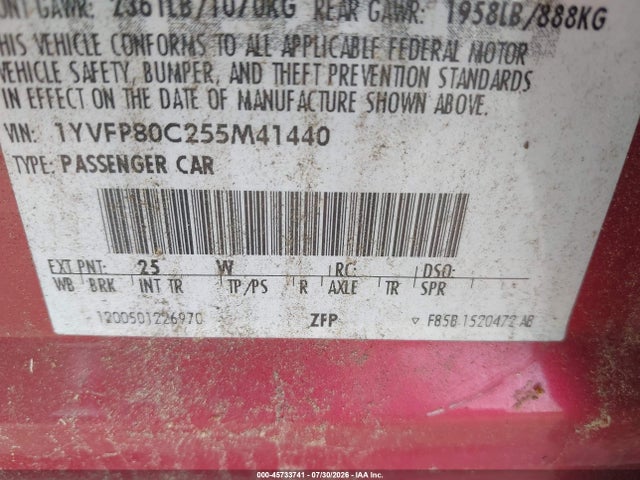 2005 Mazda Mazda6 I Base მანქანა იყიდება აუქციონზე, vin: 1YVFP80C255M41440, აუქციონის ნომერი: 45733741