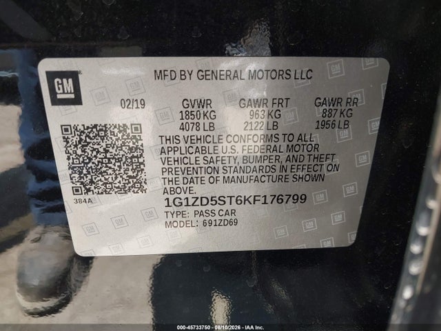 Продажа на аукционе авто 2019 Chevrolet Malibu Lt, vin: 1G1ZD5ST6KF176799, номер лота: 45733750