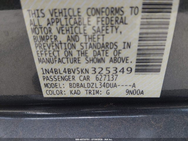 1N4BL4BV5KN325349 Nissan Altima 2.5 S