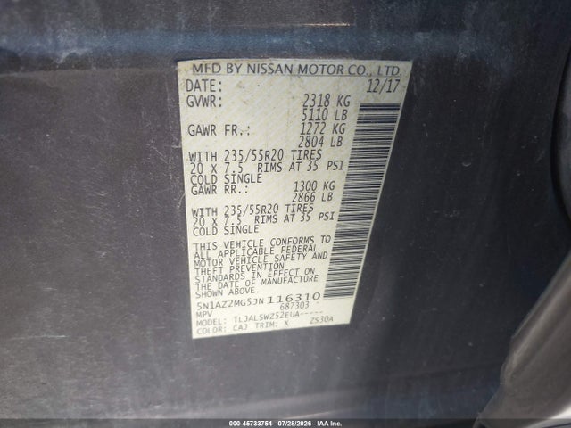 2018 Nissan Murano Platinum მანქანა იყიდება აუქციონზე, vin: 5N1AZ2MG5JN116310, აუქციონის ნომერი: 45733754