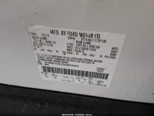 Ford EXPLORER XLT 2016 1FM5K7D81GGB35669 Image 9
