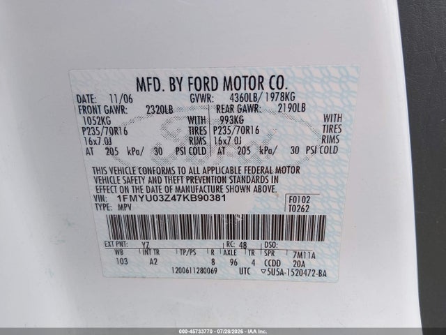 2007 Ford Escape Xlt მანქანა იყიდება აუქციონზე, vin: 1FMYU03Z47KB90381, აუქციონის ნომერი: 45733770