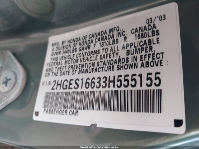 2003 Honda Civic Lx მანქანა იყიდება აუქციონზე, vin: 2HGES16633H555155, აუქციონის ნომერი: 45733779